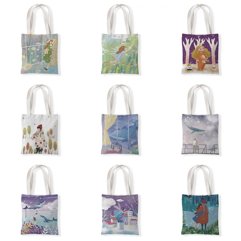 

Women's Shoulder Bags Large Capacity Shopping Bag Female Canvas Cartoon Whale Bag Handbag Reusable Foldable Eco Grocery Totes