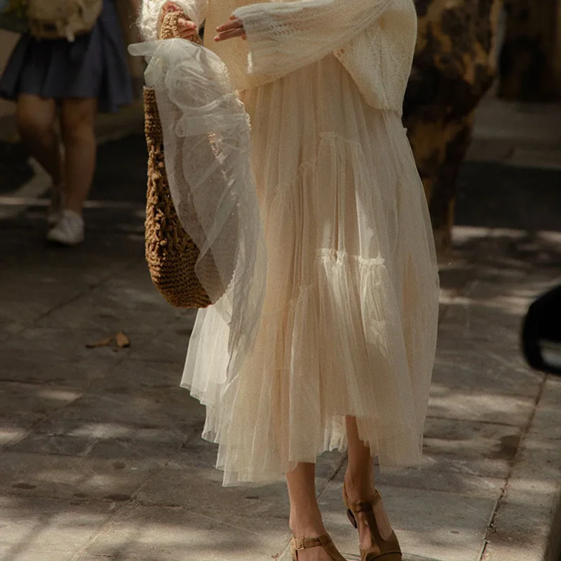 

Женская юбка в стиле ретро, сетчатая газовая юбка, Женская Весенняя облегающая Пышная юбка с завышенной талией, трапециевидная юбка средней...
