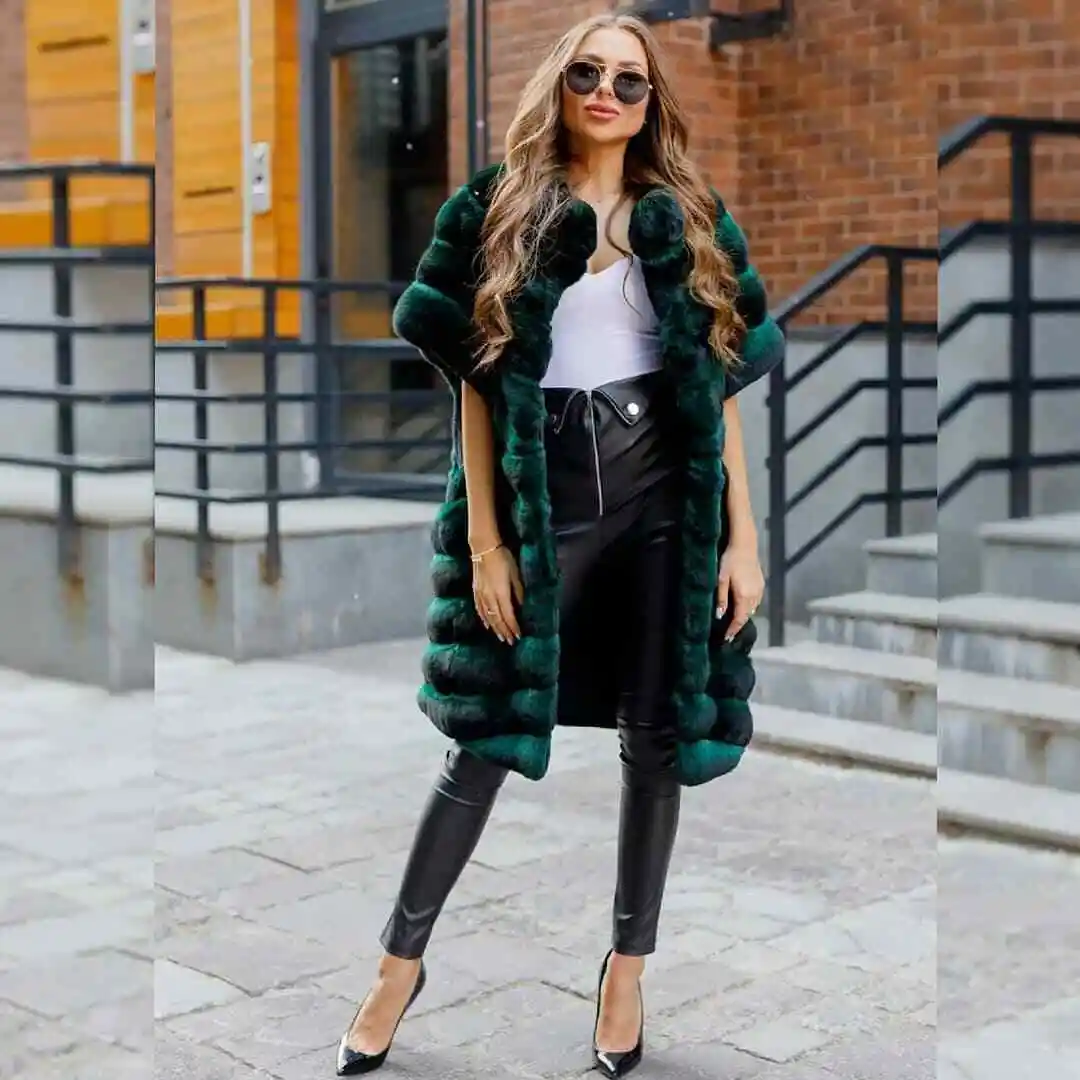 Fashion Women's Real Chinchilla Rex Rabbit Fur Coats Luxury Elegant Winter Warm Jackets Green Natural Thick Overcoat