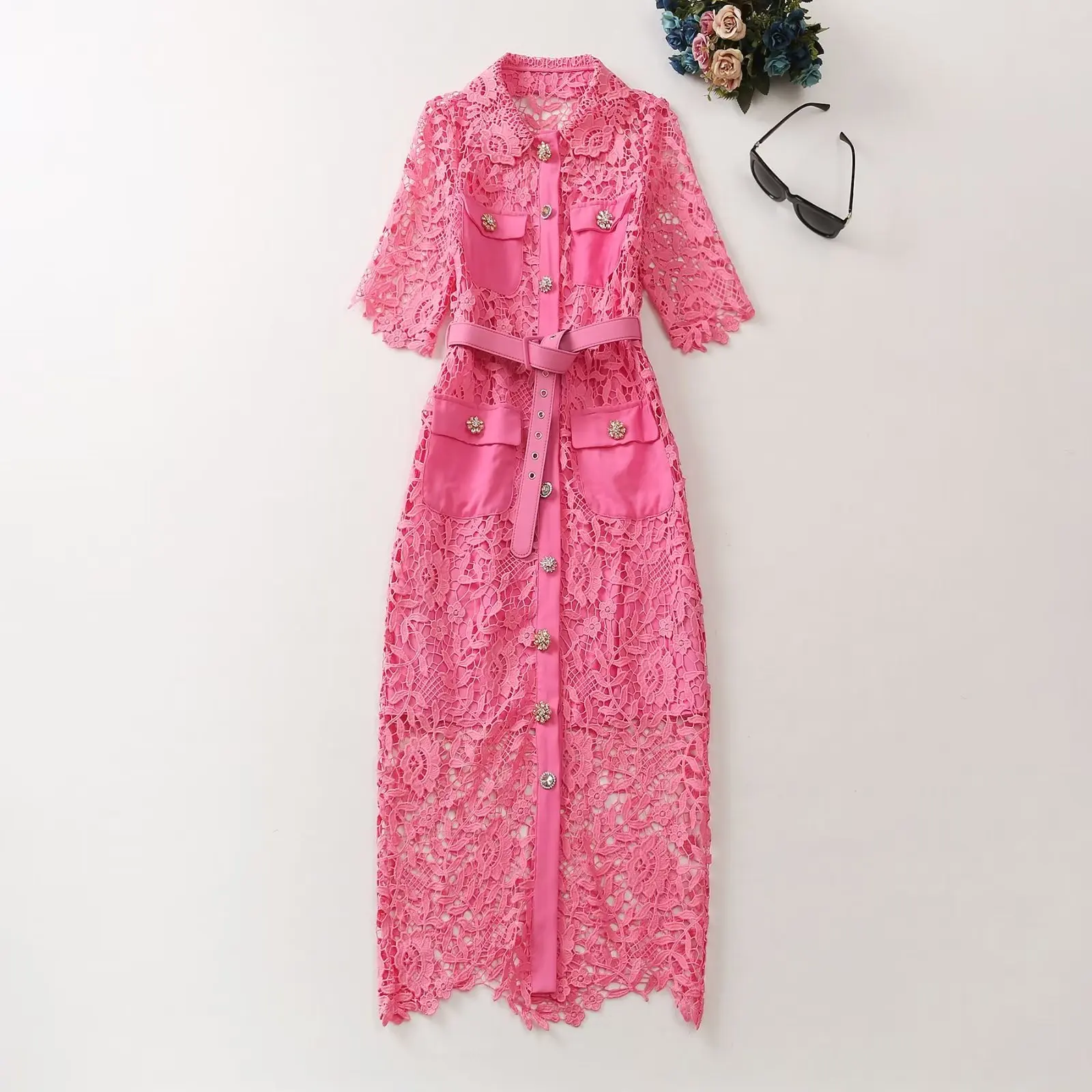 European and American women's clothes 2023 spring new Short sleeve lapel Pink hollowed out lace fashion Belt Dress XXL