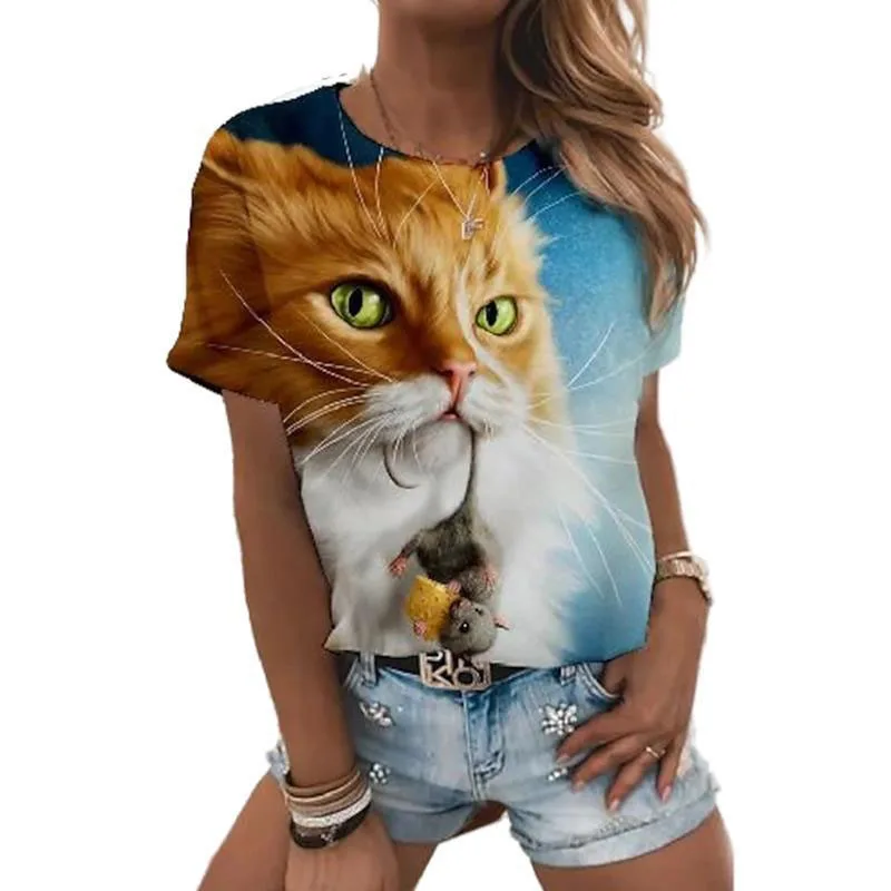 Женская футболка с 3D принтом свободная большого размера карманами и кошкой лето