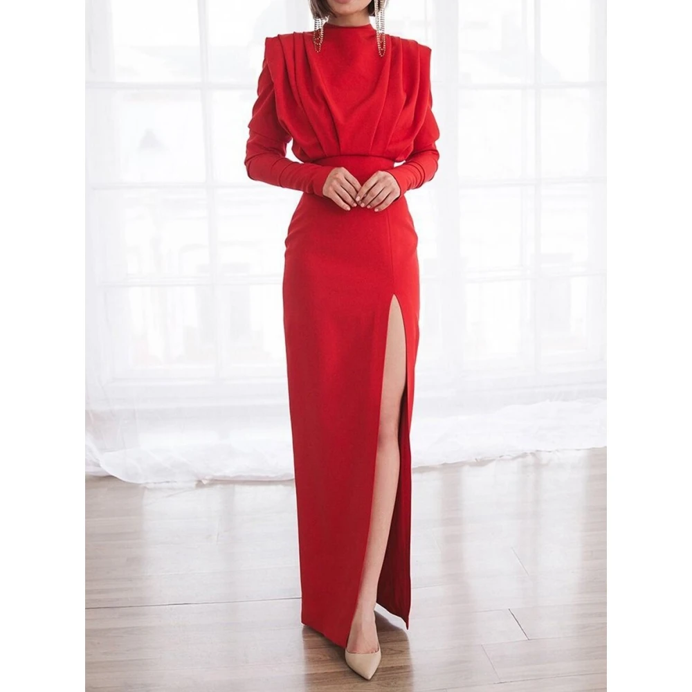 

Women Slit Long Skirt Elegant Vintage Red Luxury Fashion Long Sleeve Dress High Collar Fold Pullover Black White Spring Summer