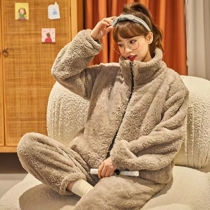 Women Winter Flannel Pajama Set Thick Warm Plus Size 2 Piece/Set Pyjamas Coral Fleece Long Sleeve Trousers Home Clothing Female