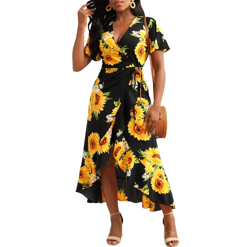 

Casual Women Summer Midi Dress Short Sleeve Female Robe Girl's Streetwear Vestidos Lady's Irregular Elegant Dresses