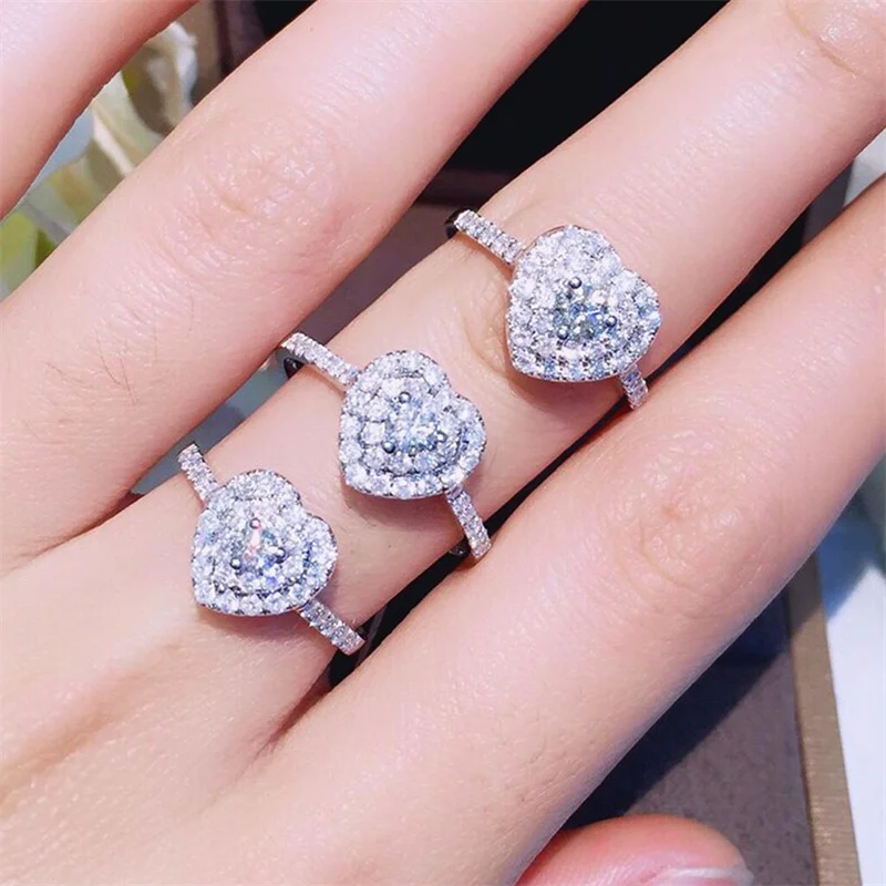 

UILZ Romance Heart Shape Cubic Zirconia Rings Shiny Silver Color Ring For Women Engagement Wedding Sweet Jewelry Gifts