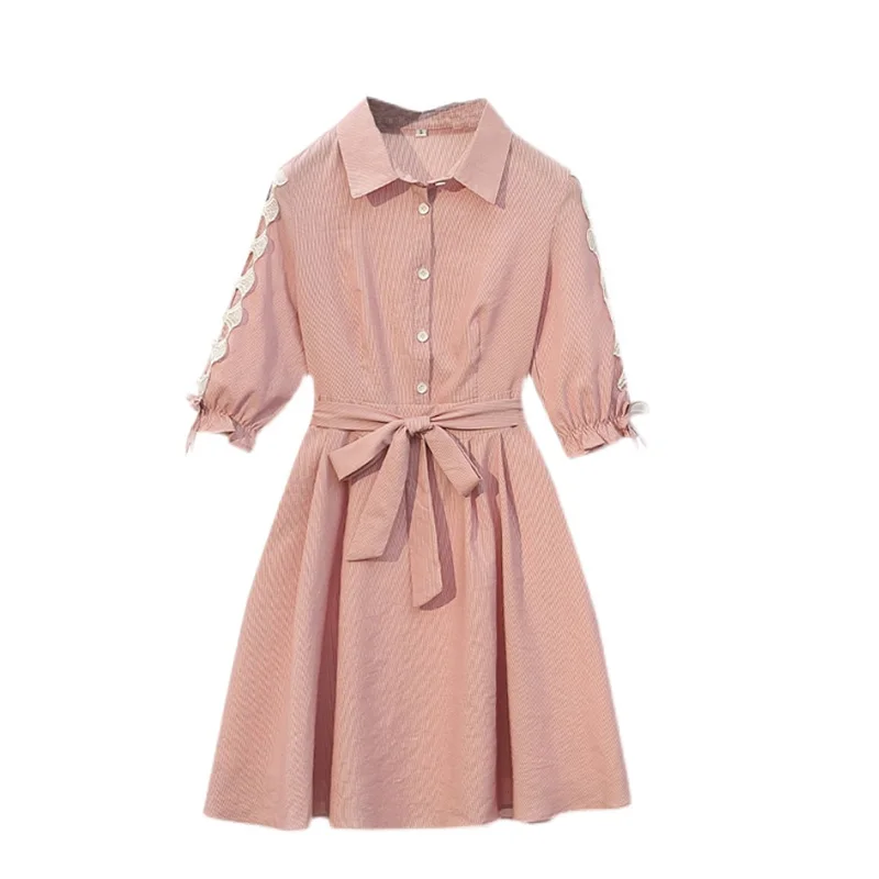 

Fashion Stripe Printed Knees Shirt Dress For Women 2022 Summer Elegant Half Sleeve Casual Looe Plus Size A Line Party Vestidos