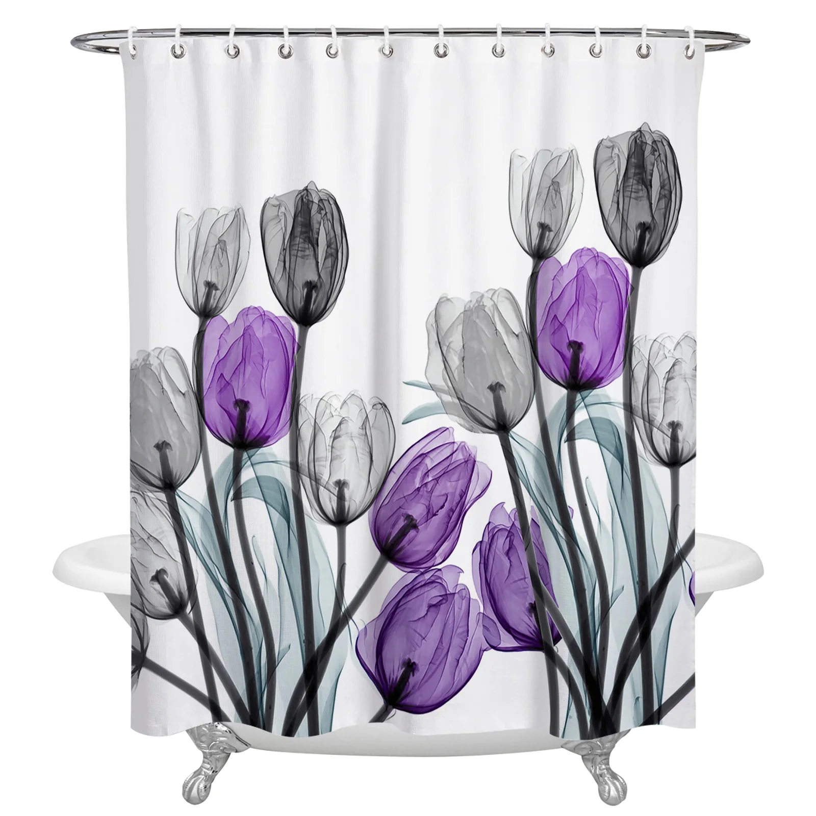 

Водонепроницаемая занавеска для душа, занавеска из полиэстера для ванной комнаты, в сельском стиле, серого и фиолетового тюльпанов, с крючк...