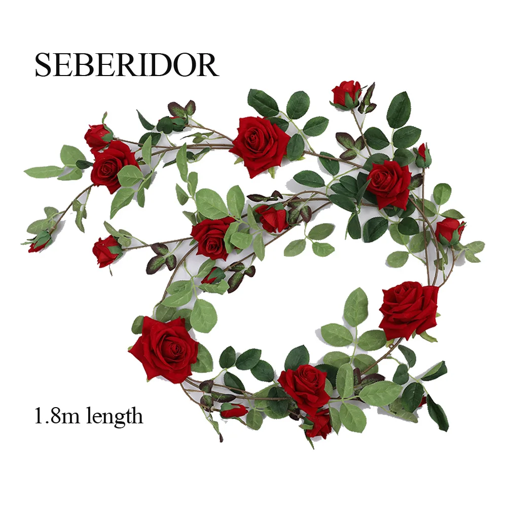 

2PCS Europe Wedding Events Decor Hanging Artificial Flannel Rose Flower Red White Valentine Party Favor Plastics Green Rattan