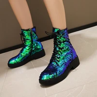 round sequin stitching light color changing womens martin boots mesh gauze lining or plush lining tie autumn ankle boots