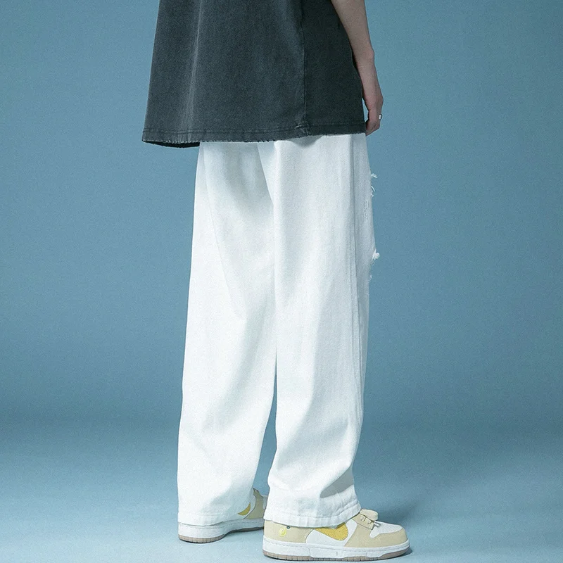 Summer Ripped Baggy Jeans Men Fashion Casual Wide Leg Jeans Street Loose Hip Hop Straight Hole Denim Pants Mens Trousers M-2XL