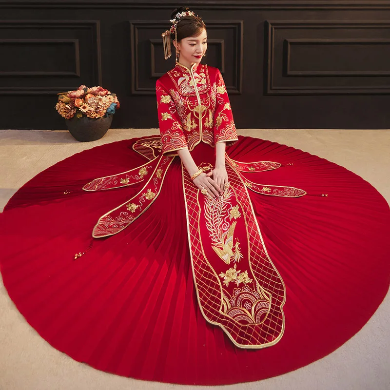 Потрясающее Свадебное китайское платье для невесты с вышивкой Феникс