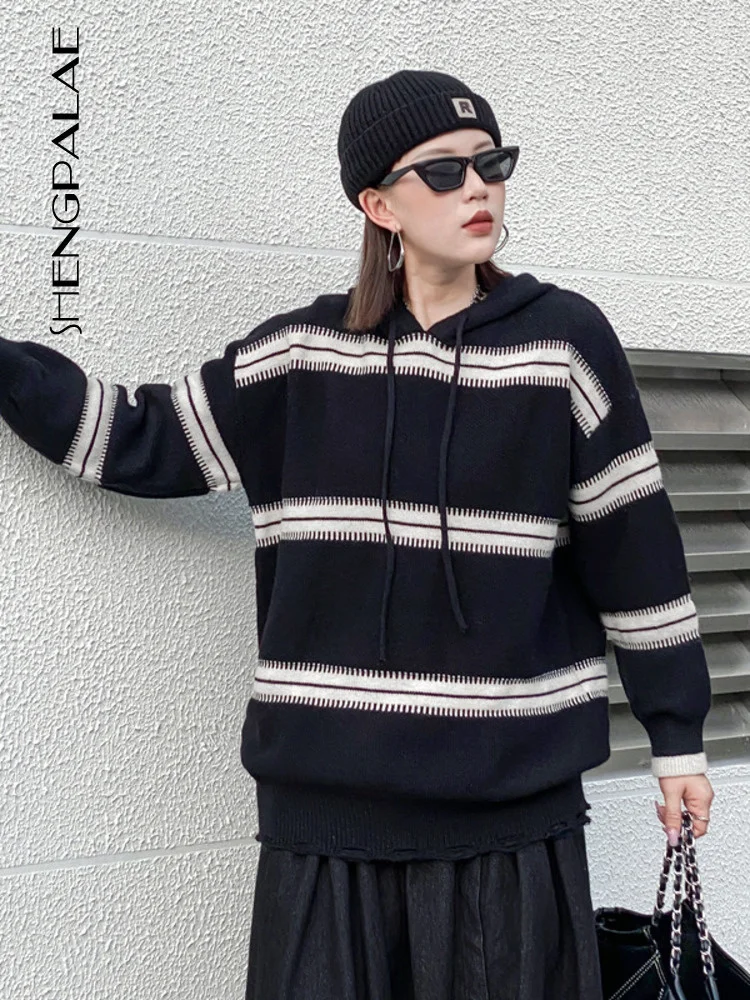 

SHENGPALAE модные толстовки полосатый контрастный цвет вязаный свитер для женщин, пуловер Топ 2023 новая весенняя одежда WZ23801