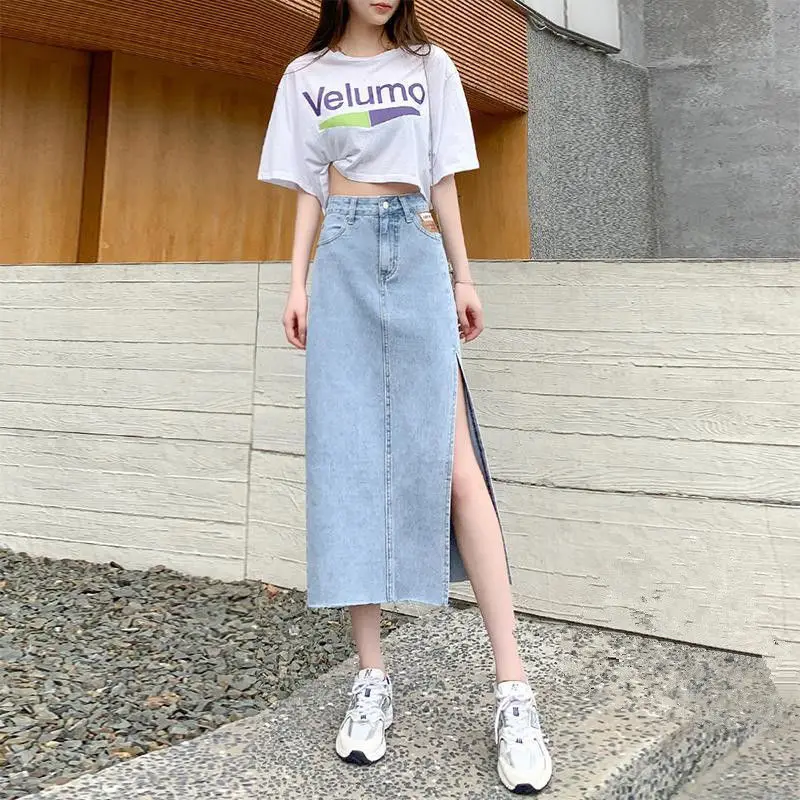 

Slit Skirt Denim Skirt Japanese Fashion Summer 2022 Trends Rave Casual Dress Korean Style Clothes Long Skirts Harajuku Urban