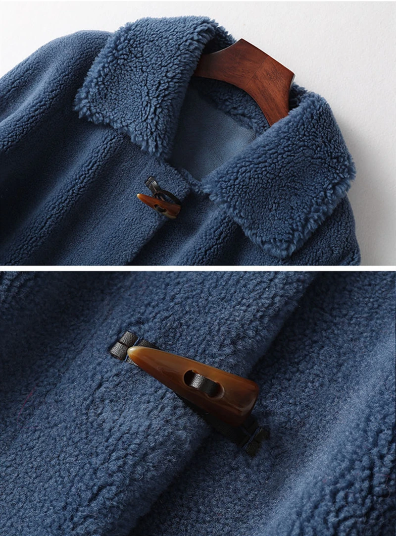 Winter Real Fur Coat Women Horn Button Plush Genuine Lamb Fur Liner Overcoat Natural Sheep Shearing Wool Jacket Female Clothes