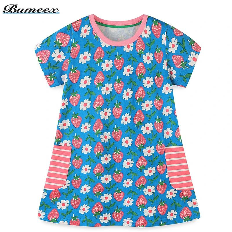 

Bumeex Toddlers Girls Dress Summer Kids Clothing Strawberry Flowers Printed Short-sleeved Dresses Birthday Party Vestidos 2-7 Y