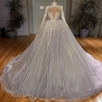 custom luxury high neck crystal sequin long sleeve wedding dress