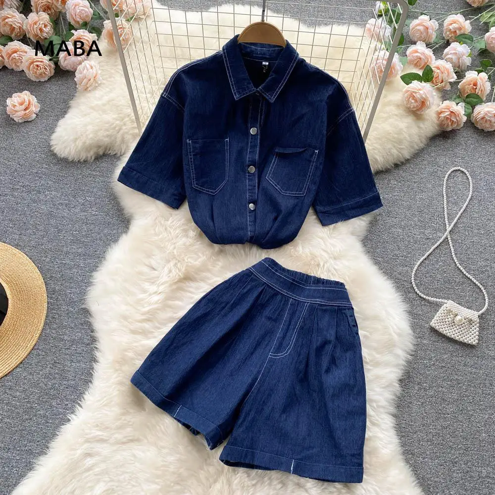 

Casual Denim Two Piece Women 2022 Summer Short Sleeve Denim Shirt+high Waist Wide Leg Short Jeans Vintage Streetwear Suits