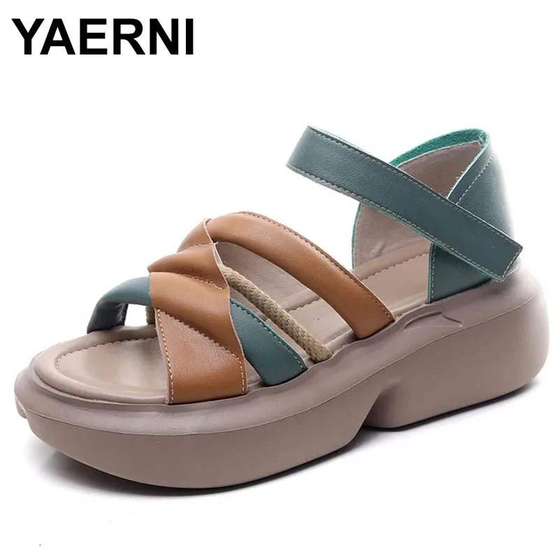 

5cm Hook Weave Genuine Leather Summer Ethnic Women Slippers Luxury Sandals 2023 Platform Wedge Leisure Mixed Color Shoes