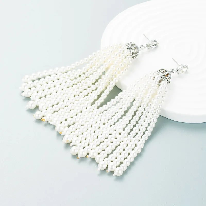 

Long Statement Tassel Beads Simulated-Pearl Dangle Earrings For Women Fashion Crystal Water Drop Jewelry Gifts