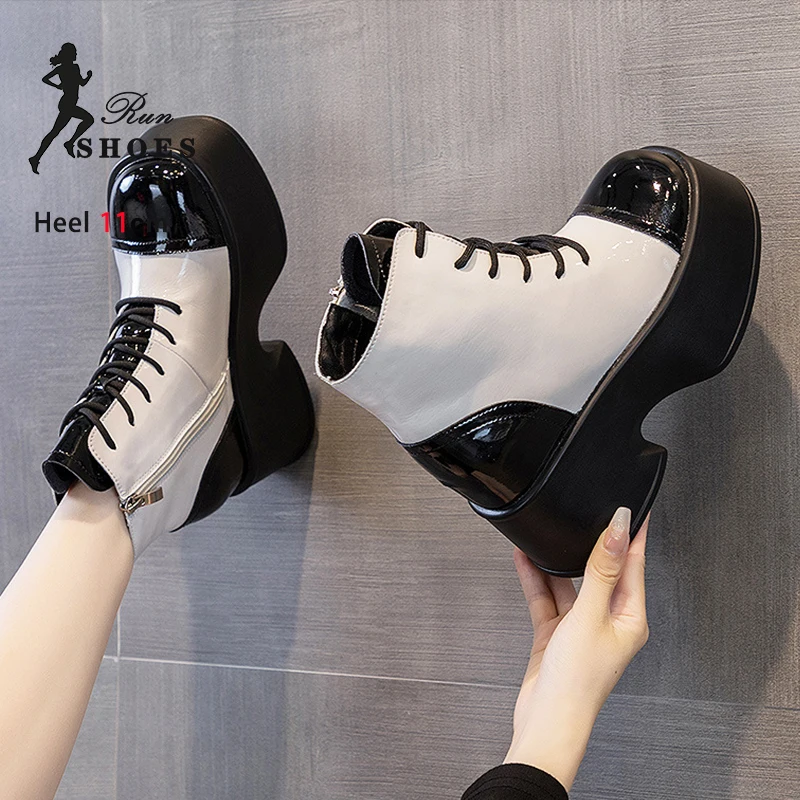 Женские ботильоны на толстой подошве теплые кожаные ботинки с квадратным носком