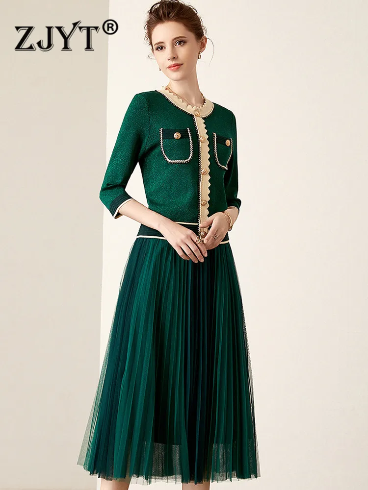 

ZJYT осенний Модный Цветной вязаный Топ, сетчатая юбка, костюм из двух предметов, Женский дизайнерский повседневный костюм зеленого цвета