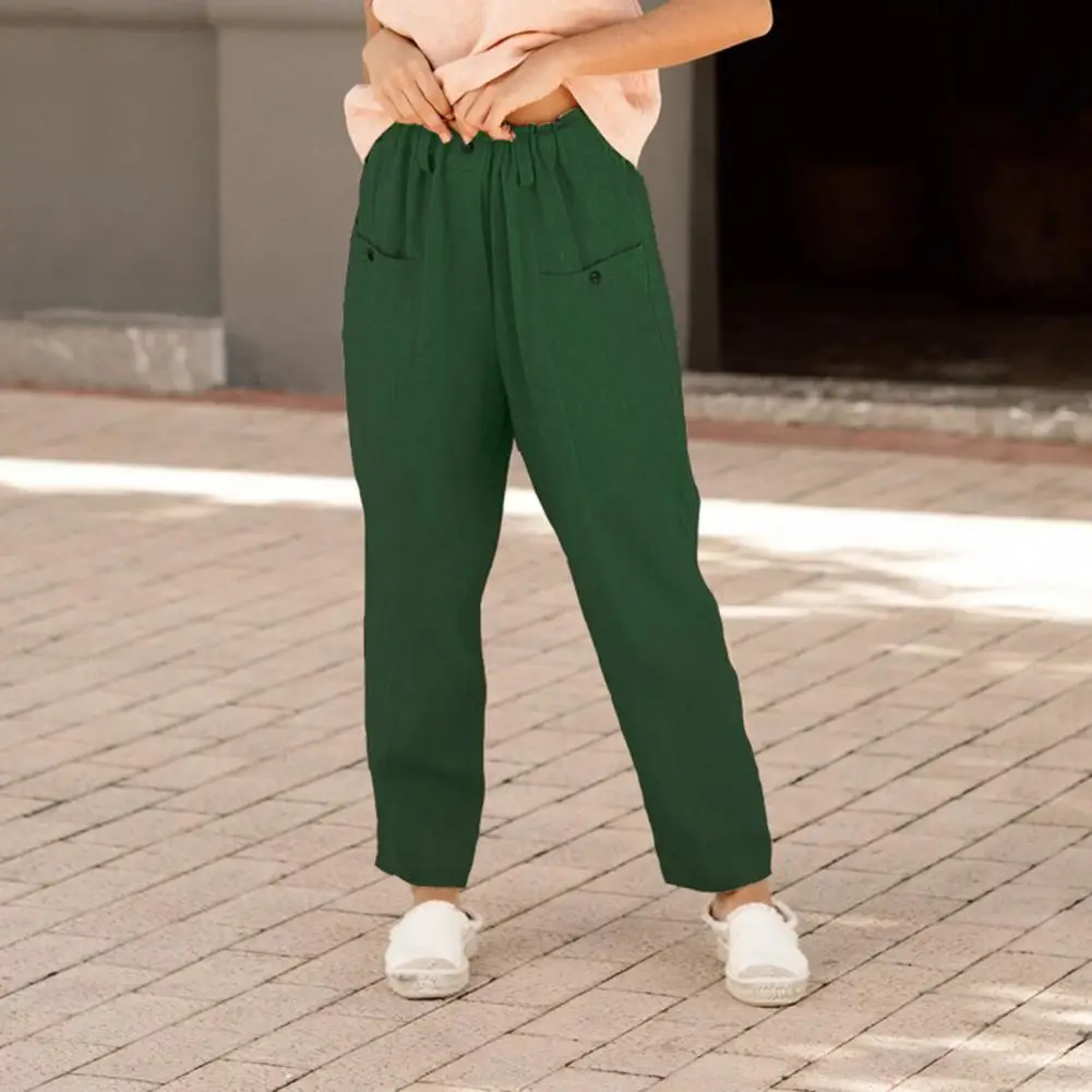 

Harem Pants Solid Color Breathable Pockets Elastic Waist Deep Crotch Women Trousers Wide-Leg Pants Summer Women's Pants