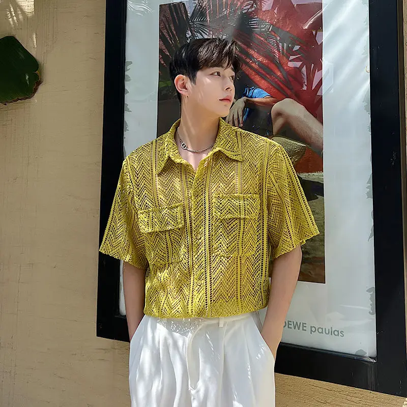 

Yellow High-quality Hollow Short Sleeve Shirt Men Button Up Shirt Women Ins Breathable Sunscreen Shirt 2022 Summer Black Shirt