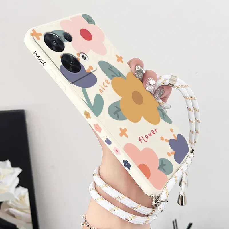 

Warm Flowers Crossbody Lanyard Silicone Phone Case For OPPO Reno 8 8T 8 Pro 7 7 Lite 7Z 6 6Z 6 ProPlus 5 Lite 5F 4 Lite Cover