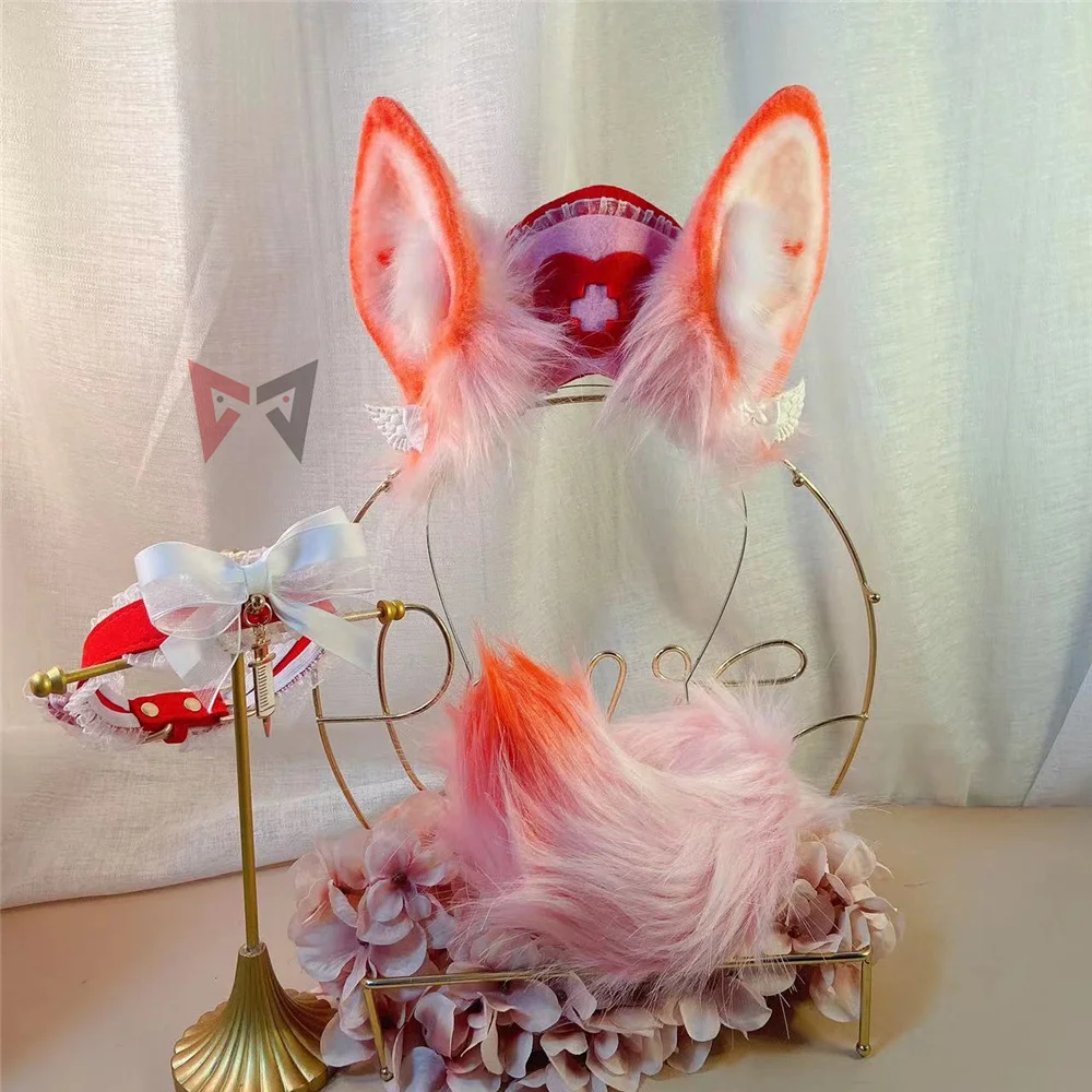 

MMGG Handmade Work Red Bunny Rabbit Ears Hairhoop Nurse Hat Tail Necklace Earrings Cosplay Lolita Acessories Headwear