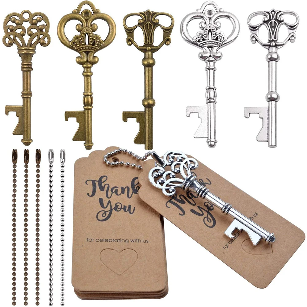 

6pcs Vintage Skeleton Key Bottle Openers with Escort Tag Card and Ball Bead Chain for Wedding Guests Party Rustic Decor,2 Colors