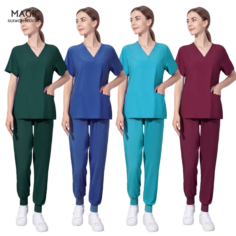

High Quality Solid Color Spa Threaded Hospital Clinic Doctor Work Suits Tops+pants Unisex Scrub Pet Nursing Medical Uniform Suit
