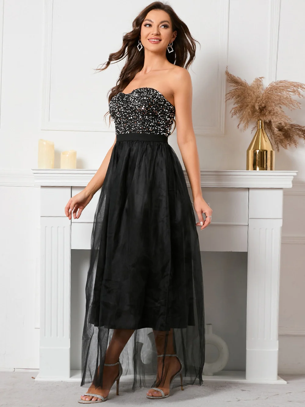 Sparkly Black Prom Dress Strapless Tulle A-Line Short Evening Dress Robe de soiree Wedding Party Dress Cocktail Dress