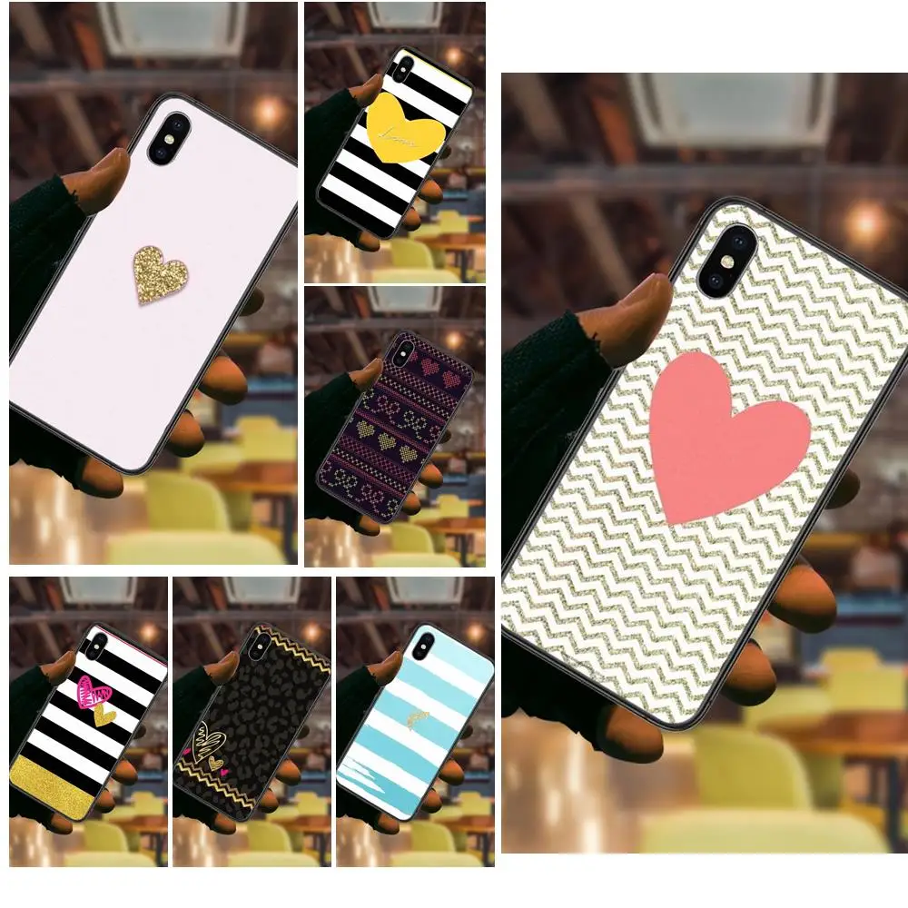 Cheap Mens Striped Golden Glitter Heart Love For Xiaomi Mi 5X 6 6X 8 9 9T A1 A2 A3 CC9 CC9e Lite Pro Se Black Funda 3D Coque