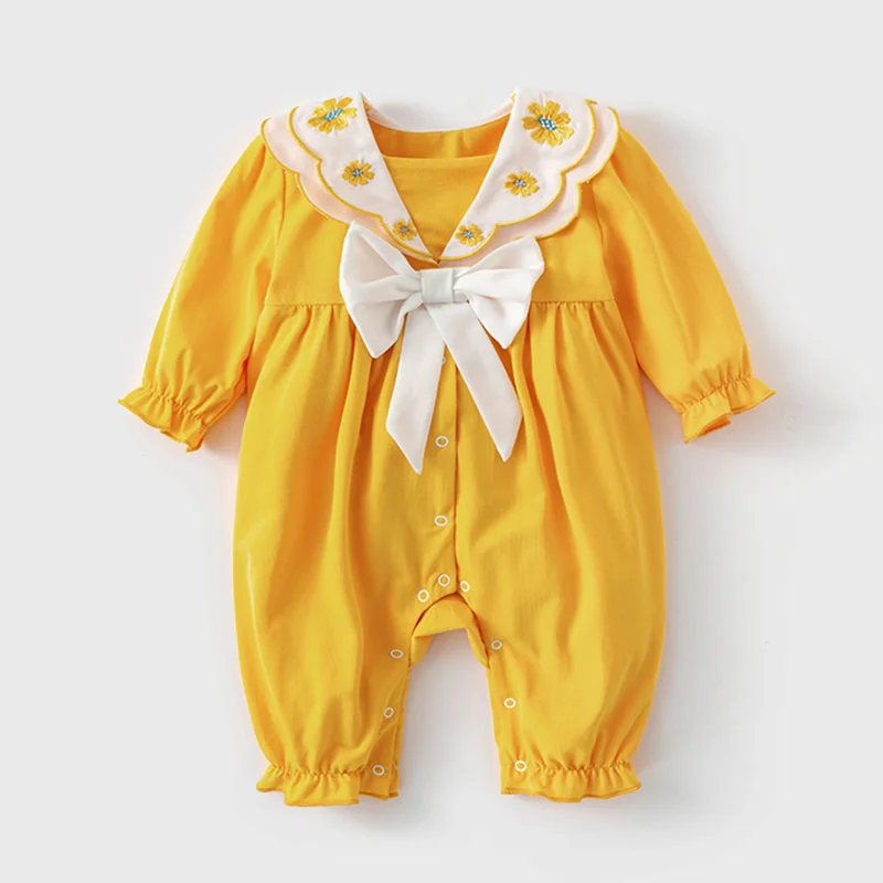 

Korean baby Easter yellow spiders newborn girl cotton body baby embroidery in flowers baby suit 1. Birthday outfits