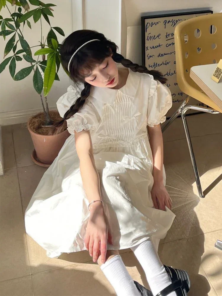 Платья женские Kawaii в консервативном стиле школьницы простой пышный рукав нежный