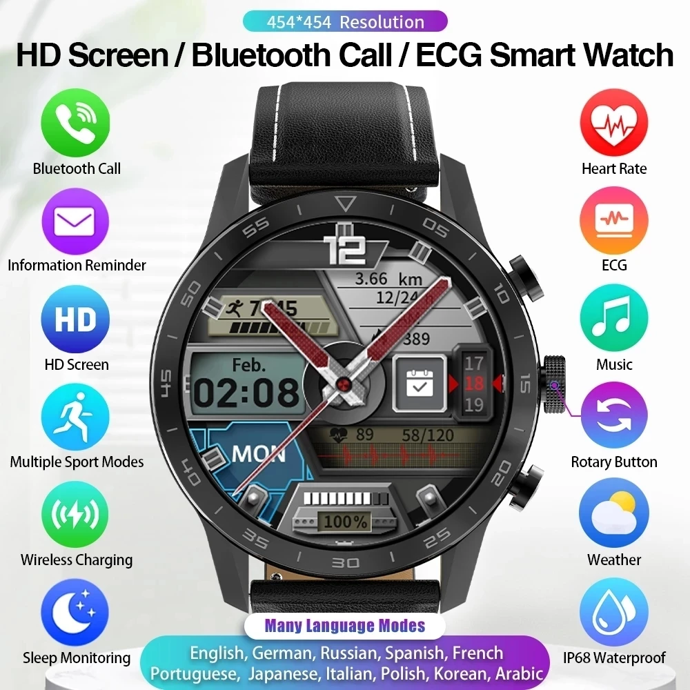 

For Xiaomi Huawei Wireless Charging Bluetooth Call Full Screen Smart Watch ECG PPG Rotary Button Smartwatch For Men Long Battery