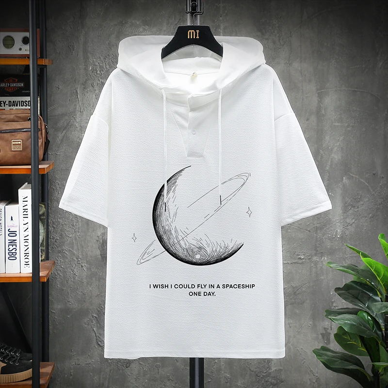 

Fashion Short Sleeves Casual Punk Hoodies Black White Men's Hip Hop Streetwear Cotton For 2022 Summer Clothes OverSize M-5XL