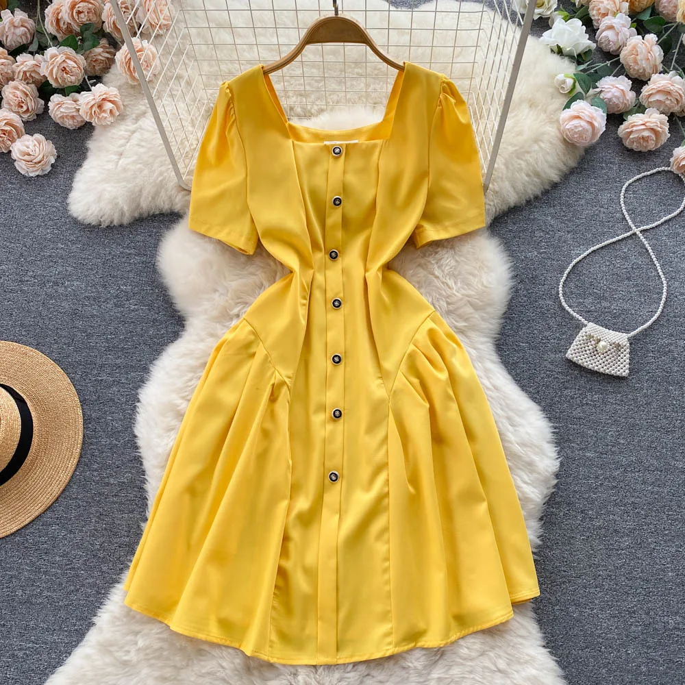 

Элегантное платье с квадратным вырезом, женский стиль, французская шикарная красота, с пышными рукавами, миди-юбка на талии, для лета