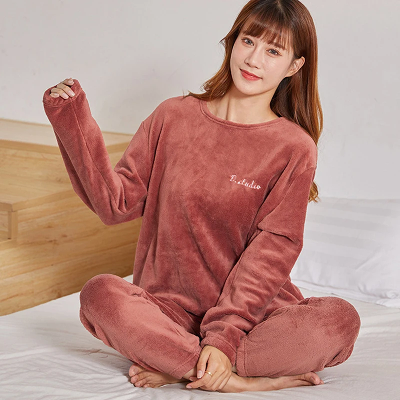 Women Winter Flannel Pajama Set Fleece Pajamas Sleepwear Homewear Thick Warm Velvet Female Suit Fall Sweatshirt Ladies Pyjama