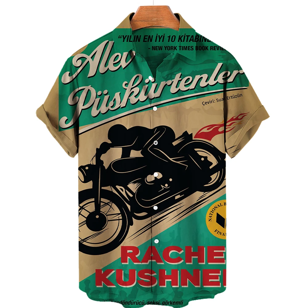 Hawaiian men's motorcycle printed T-shirt, beach aloha shirt, hip-hop motorcyclist men's clothing, new in 2023