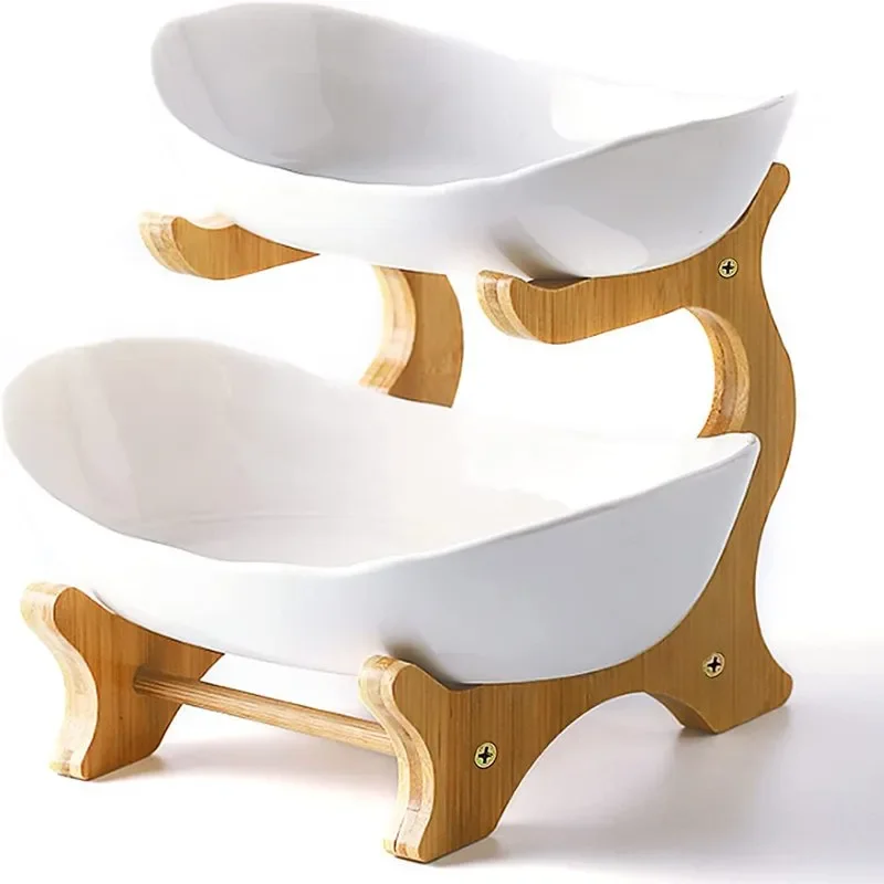 

- 2 Tier Ceramic Fruit Bowl with Bamboo Wood Stand for Kitchen Counter,Porcelain Fruit Basket for Vegetable Storage,Snack Desser