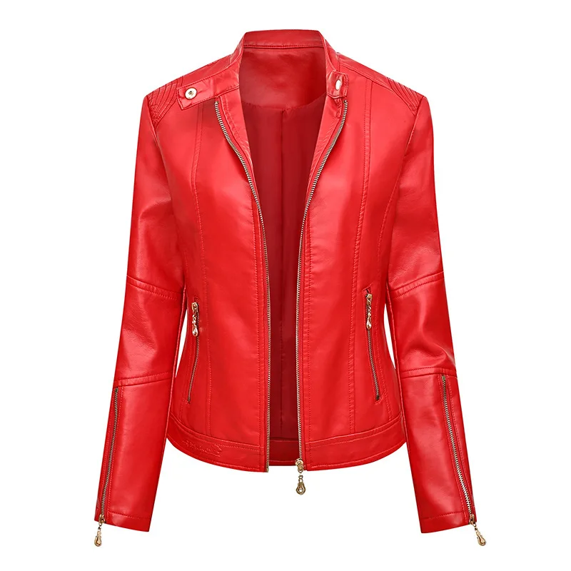 Kenntrice Women's Biker Jacket 2022 Spring Autumn Thin Long Sleeved PU Faux Leather Jacket Stylish Lady Turn-down Collar Outwear
