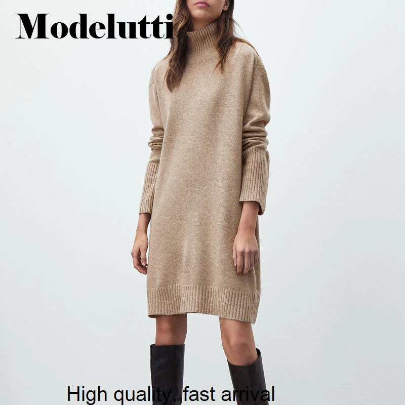 

Spring 2023 New Autumn Fashion Temperament Solid Color Knitted Turtleneck Sweaters Midi Dresses Casual Simple Women