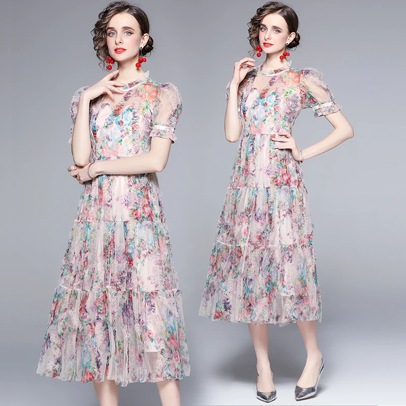 

Fashion Runway Women Flowers Mesh Dress 2022 New Arrival Summer Elegant Puff Short Sleeve Vintage A-line Slim Party Dress