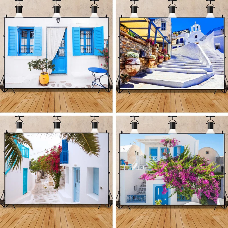 

Green Retro Street Seaside Island Scenery Old White Painted Houses Blooming Wedding Photos Photography Background Props FSJ-07