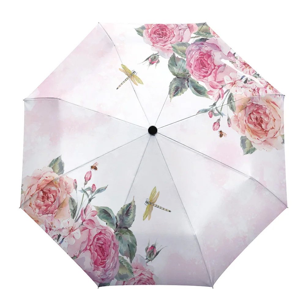 

Pink Flower Dragonfly Watercolor Creative Umbrella Rain Women Automatic Three Folding Umbrellas Windproof Parasol Parapluie