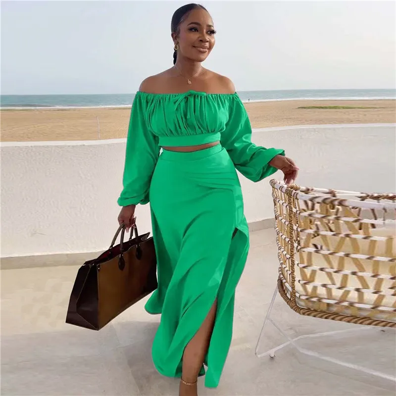 

Women Sexy Two Piece Set 2023 Slash Neck Off Shoulder Lantern Sleeve Crop Top and Split Side Loose Long Skirts Summer Outfits