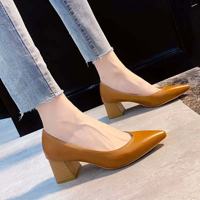 2021 New Womens Platform Heels Shallow Pointed Toe Square Heel Ladies Dress Shoes Spring/Autumn Sexy Zapatos De Mujer Pumps