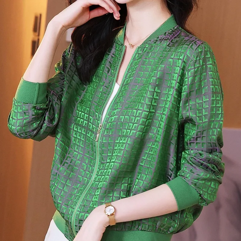 

Женская винтажная клетчатая куртка, зеленая свободная блестящая женская куртка с 3D-принтом, блестками и круглым вырезом на молнии