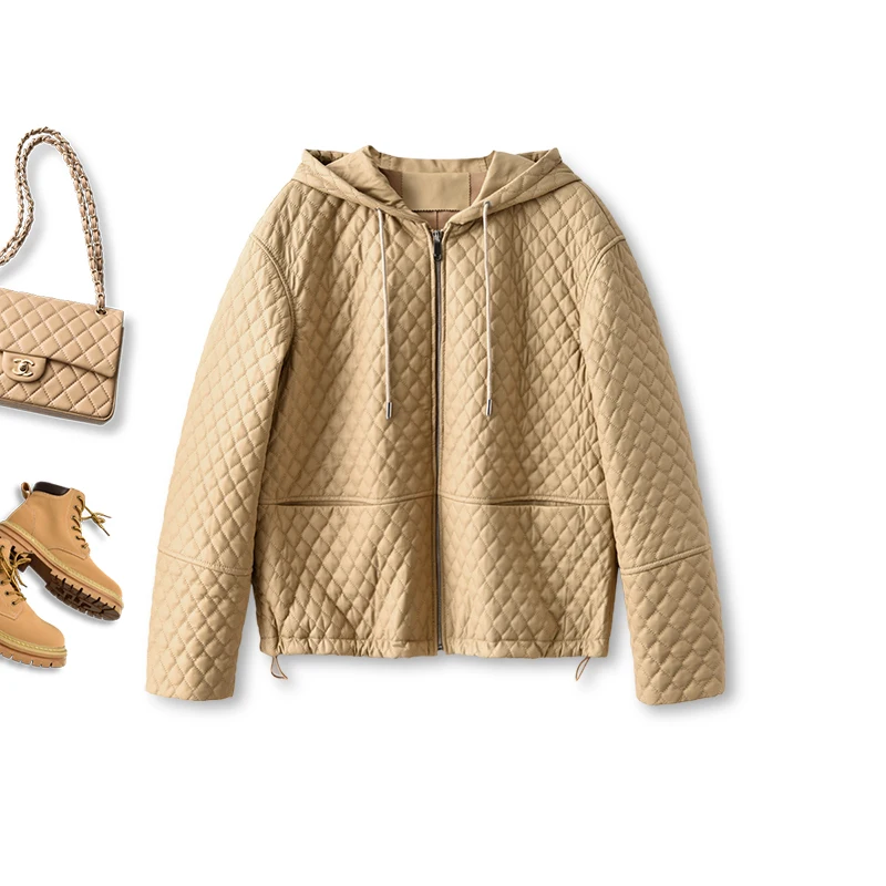 New Loose Genuine Leather Jacket Women  Sheepskin  Hooded  Casaco Feminino  Pockets  Zipper  High Street Fashion Loose Jackets